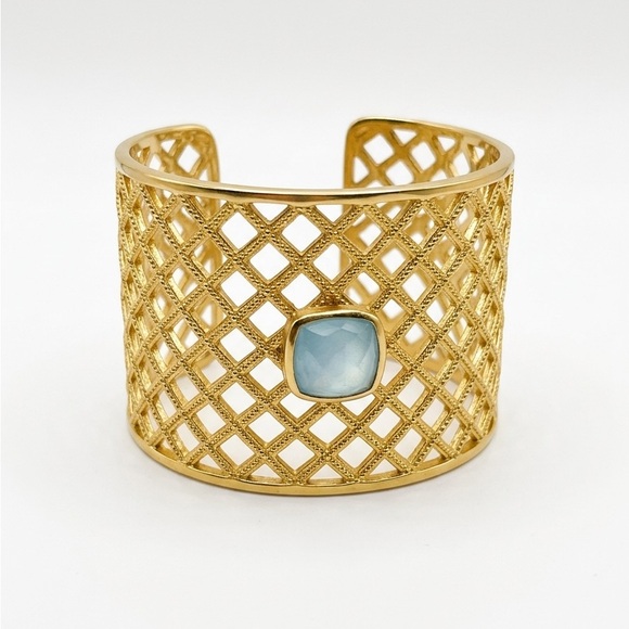 Julie Vos Jewelry - Rare Julie Vos Basketweave Cuff – 24k Gold Plated with Chalcedony Blue Stone